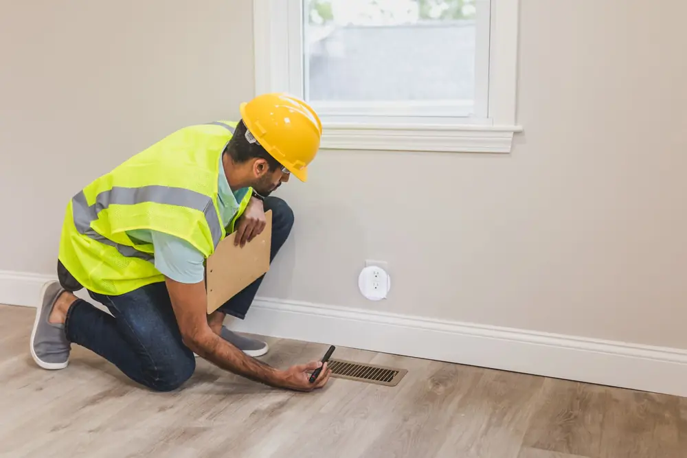 Technician inspecting a floor air vent